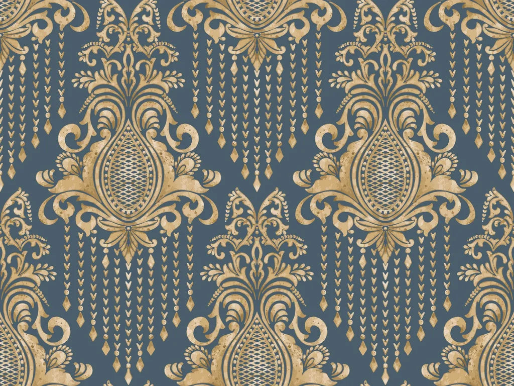 Vintage Sweet Pea Shadows wallpaper with gold damask medallions on slate blue background