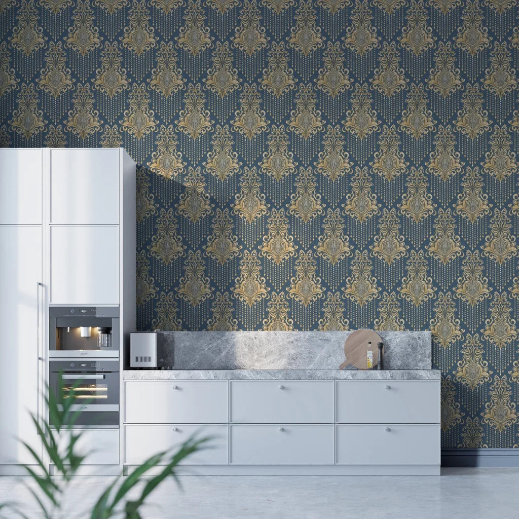 Navy and gold Art Deco damask Sweet Pea Shadows wallpaper in modern kitchen with white cabinetry