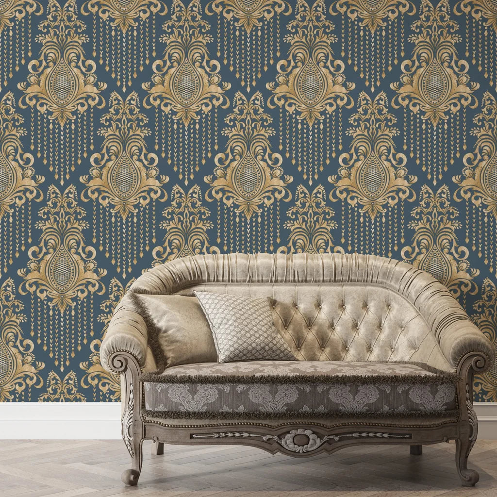 Navy and gold Sweet Pea Shadows damask wallpaper with ornate beaded details in elegant living room setting