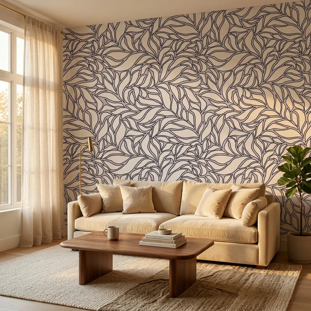 Swirling Echoes fluid foliage wallpaper in a warm and inviting living room