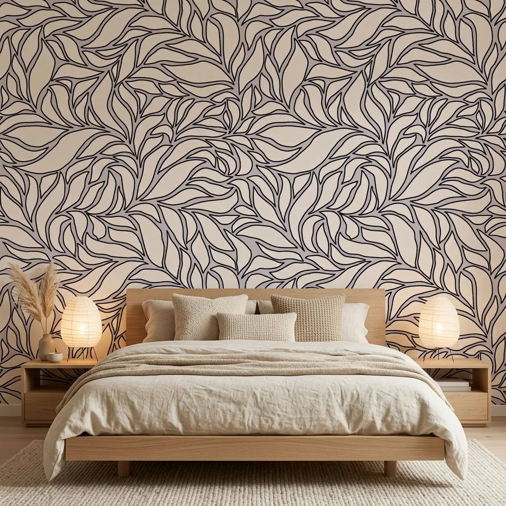 Swirling Echoes fluid foliage wallpaper adding character to a cozy bedroom
