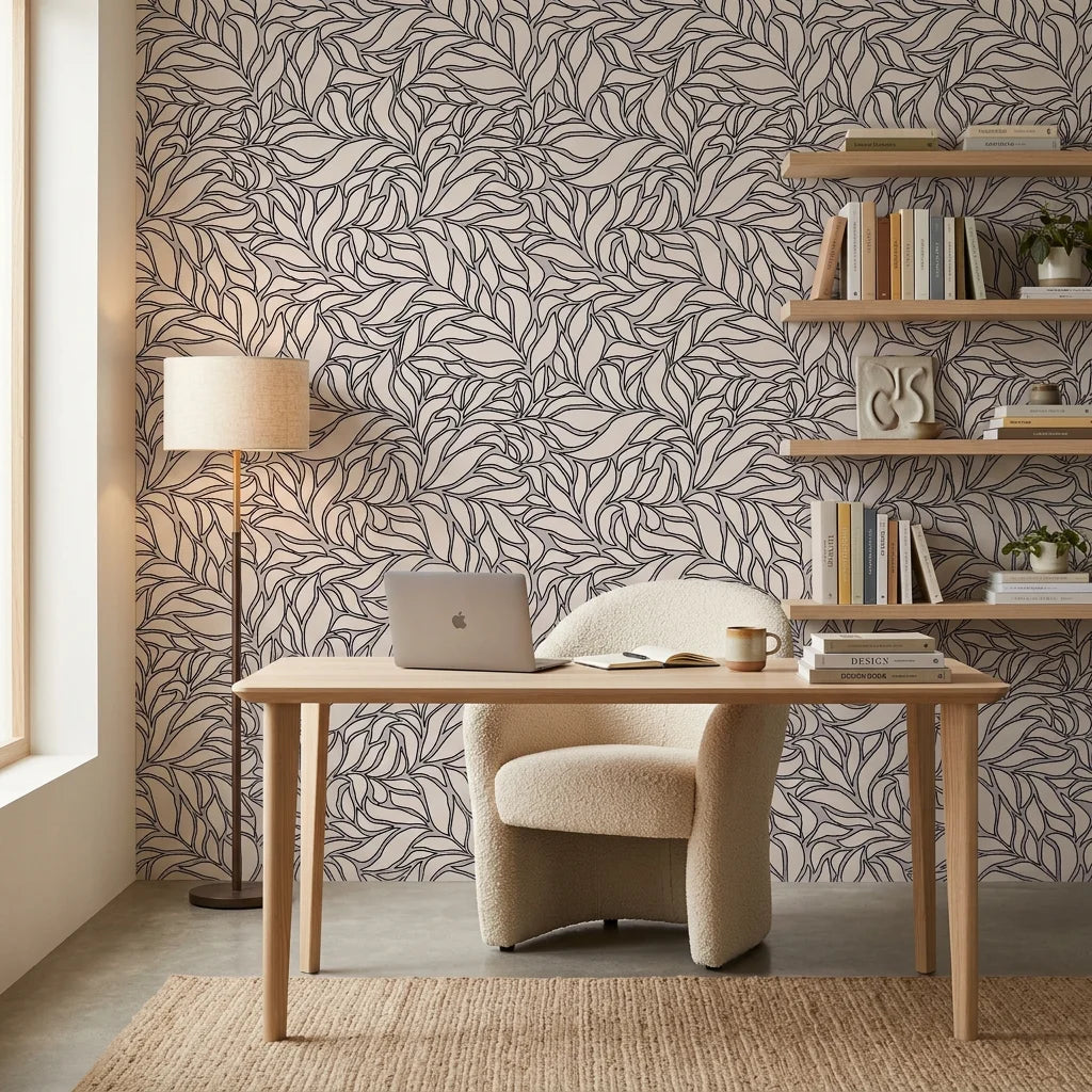Swirling Echoes fluid foliage wallpaper as a feature wall in a bright home office