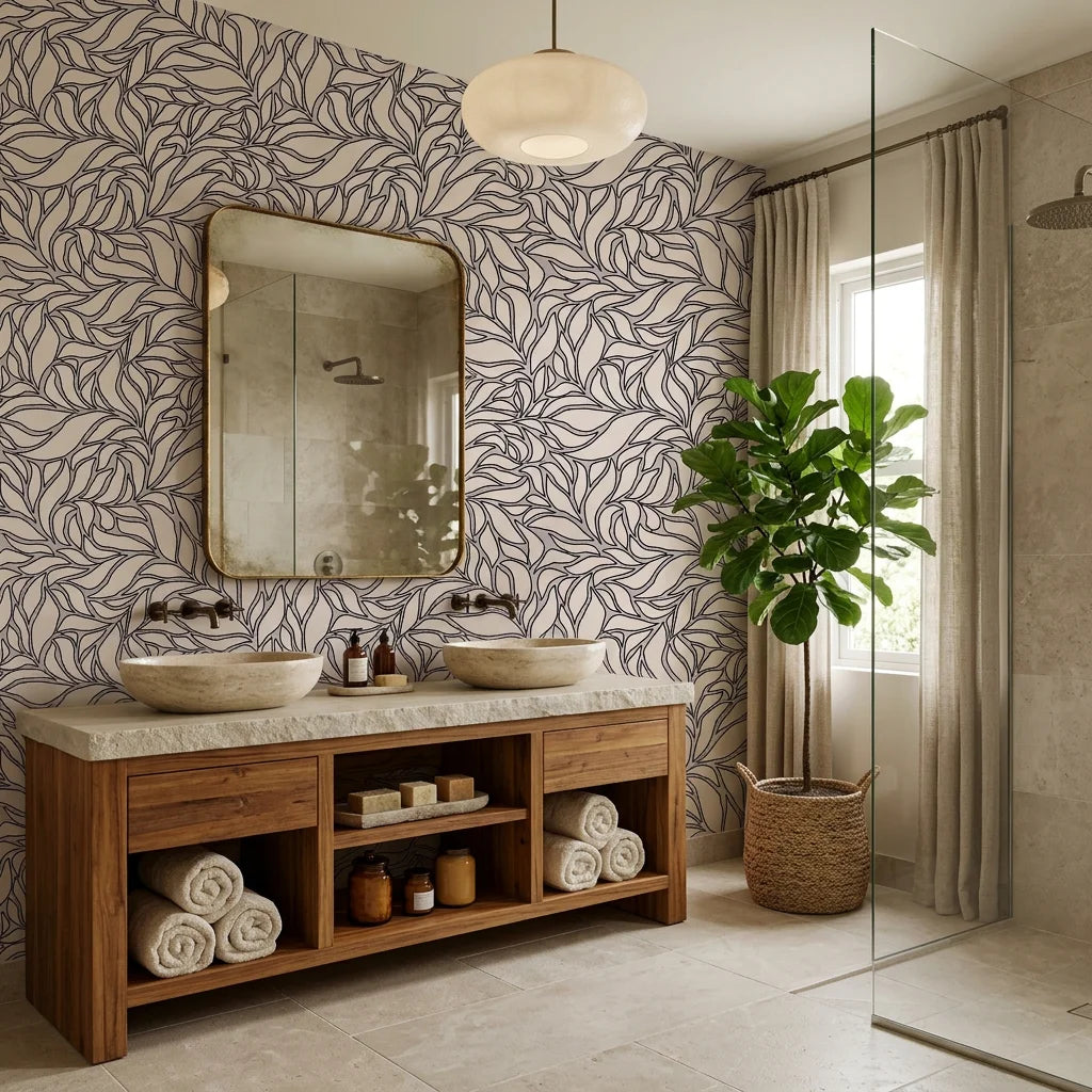 Swirling Echoes fluid foliage wallpaper creating ambiance in a serene bathroom