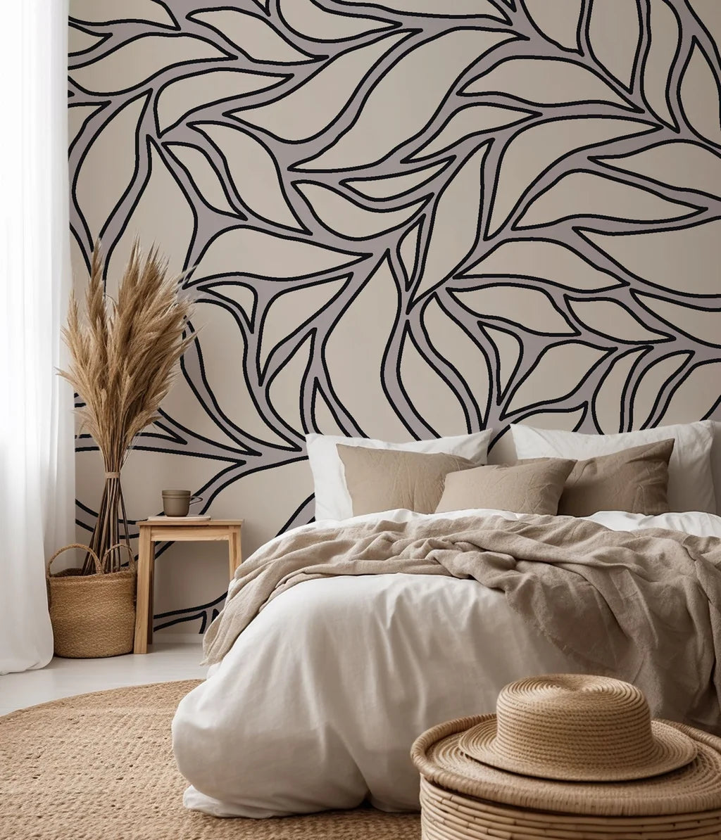 Self-adhesive wallpaper featuring an abstract swirling foliage pattern in beige and grey tones