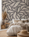 Self-adhesive wallpaper featuring an abstract swirling foliage pattern in beige and grey tones