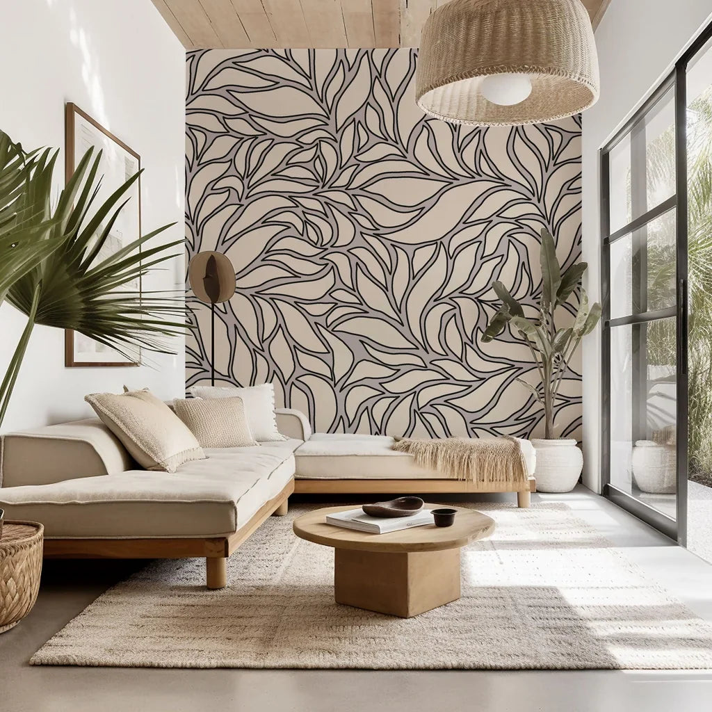Self-adhesive wallpaper, "Swirling Echoes," featuring an abstract, flowing grey and beige leaf pattern.