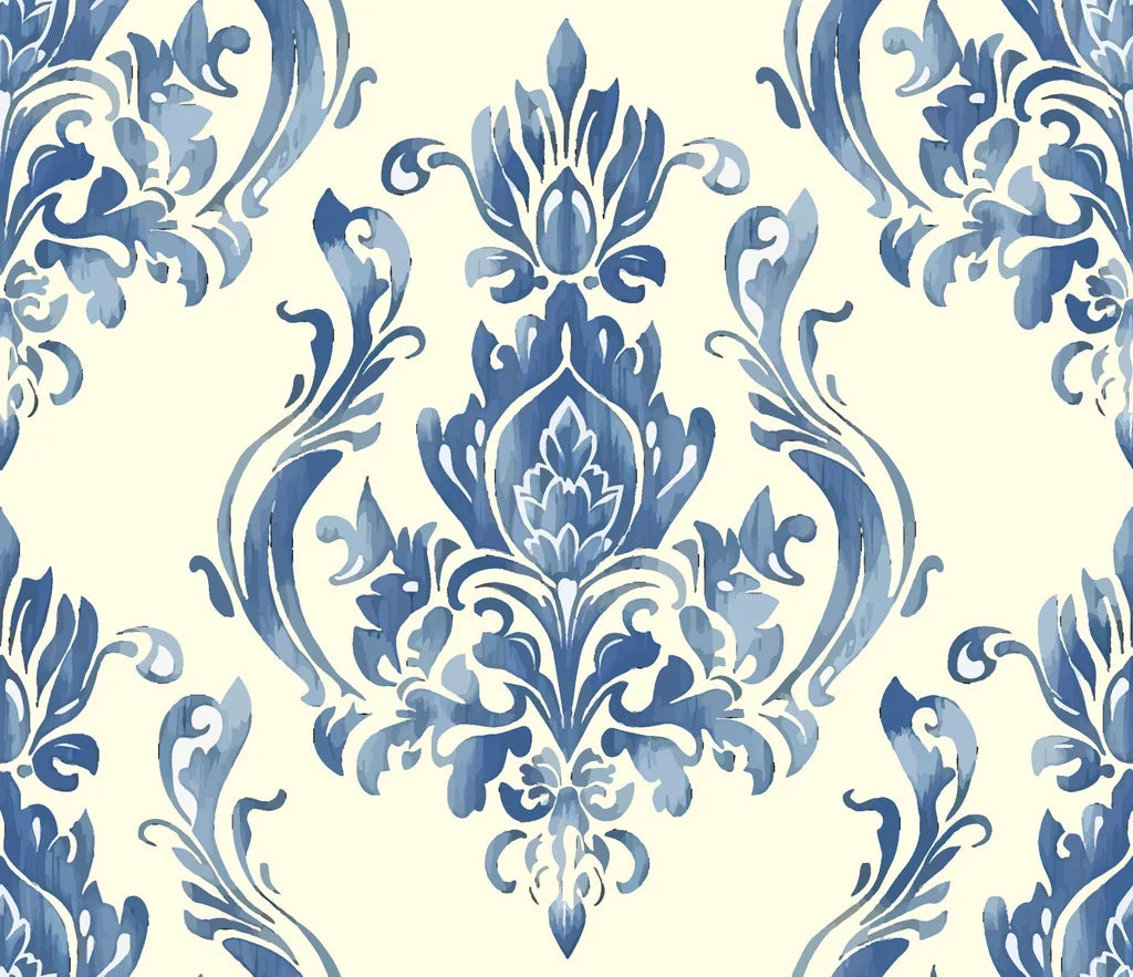 Classic blue damask Sylvan Elegance wallpaper with ornate botanical medallions on cream background