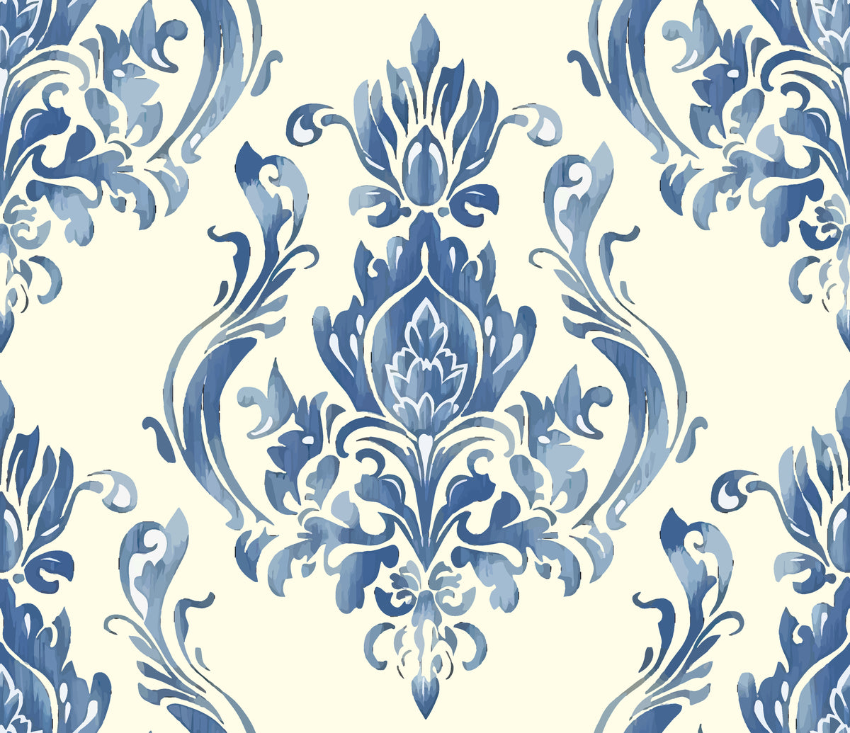 Classic blue damask Sylvan Elegance wallpaper with ornate botanical medallions on cream background