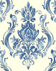 Classic blue damask Sylvan Elegance wallpaper with ornate botanical medallions on cream background