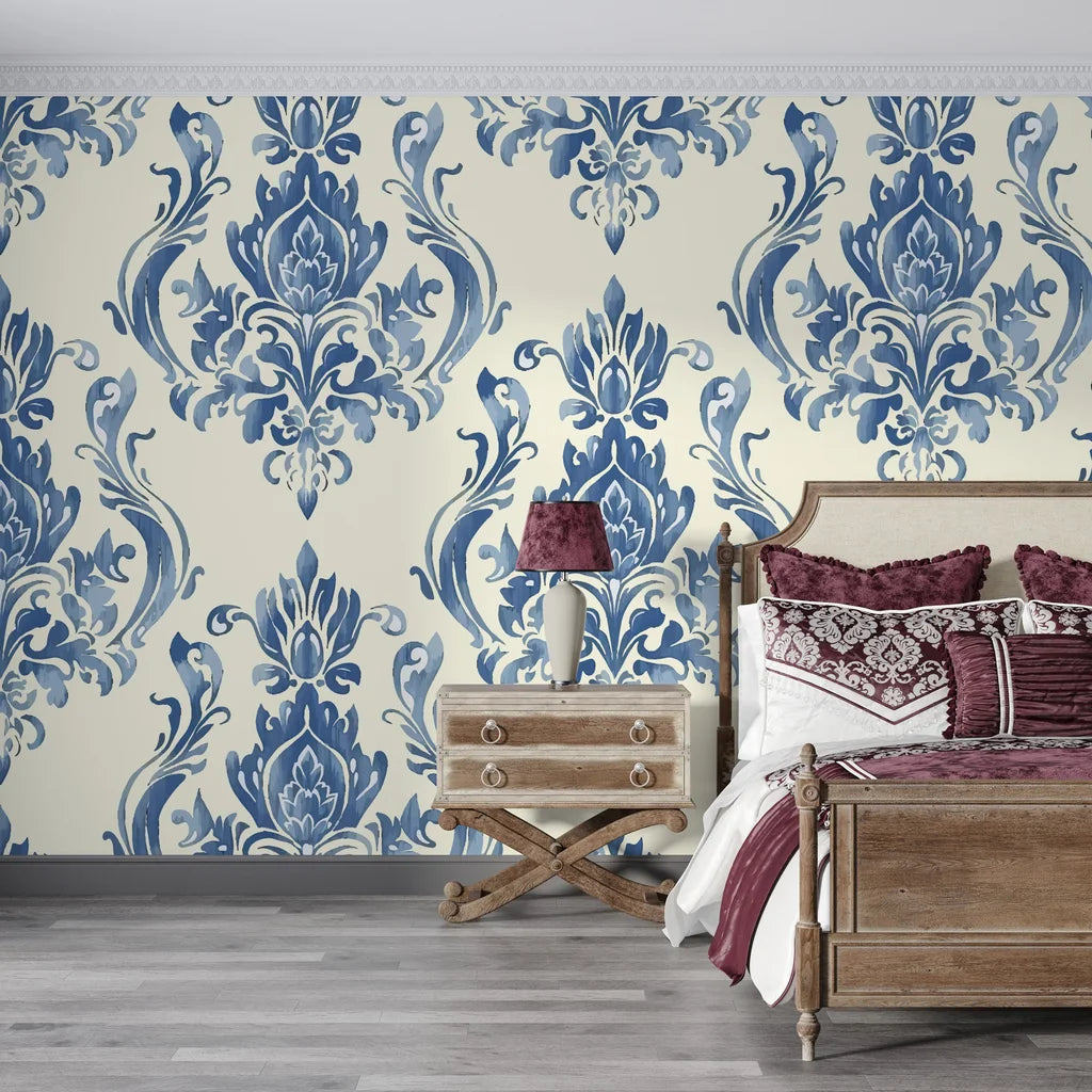 Blue and cream damask Sylvan Elegance peel and stick wallpaper in elegant bedroom setting