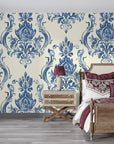 Blue and cream damask Sylvan Elegance peel and stick wallpaper in elegant bedroom setting