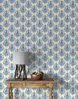 Blue and cream Sylvan Elegance damask wallpaper with ornate baroque motifs on ivory background