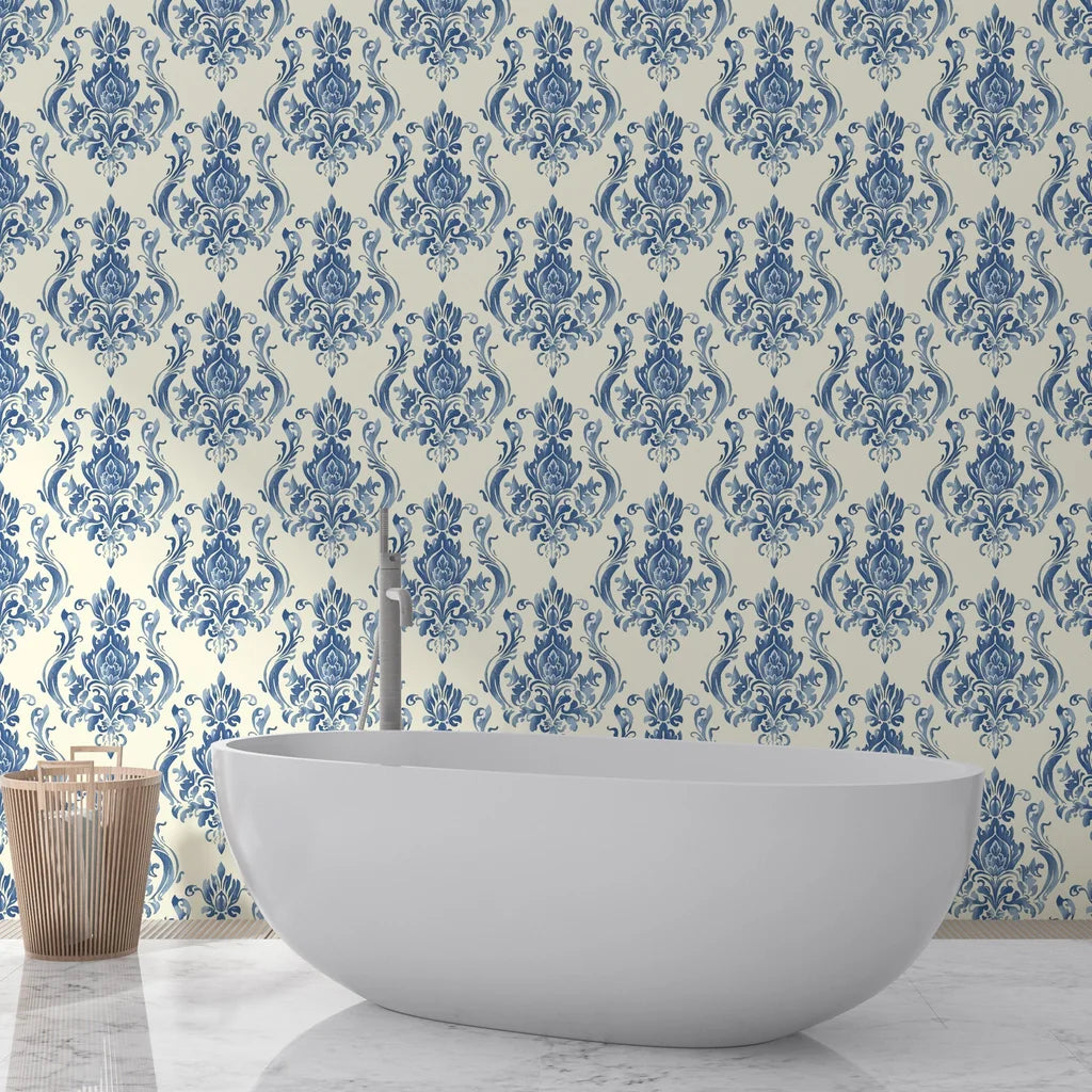 Blue and cream Sylvan Elegance damask wallpaper in modern bathroom with freestanding tub