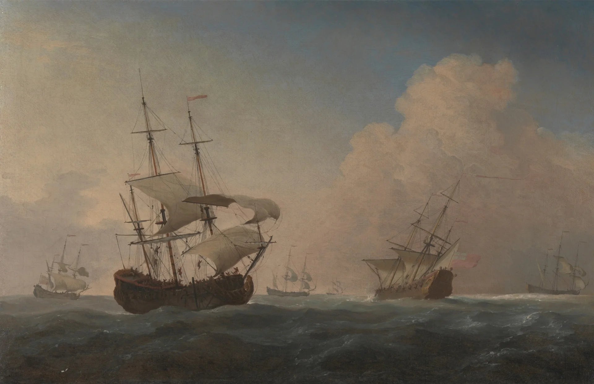 Maritime oil painting wallpaper featuring tall ships with billowing sails on stormy seas under dramatic clouds