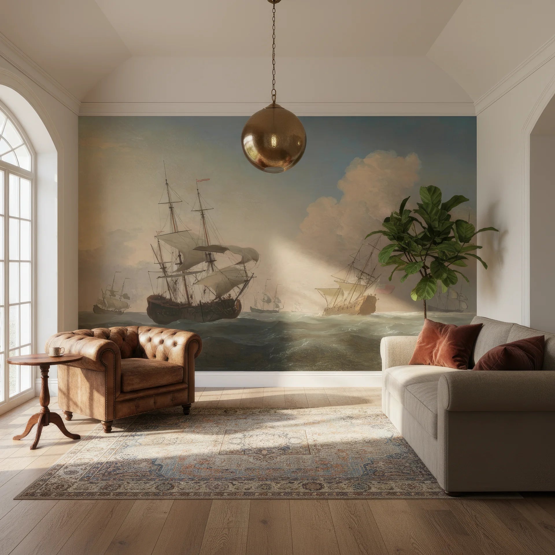 Maritime Tall Ships at Sea mural wallpaper featuring sailing vessels in muted blues and tans on living room wall