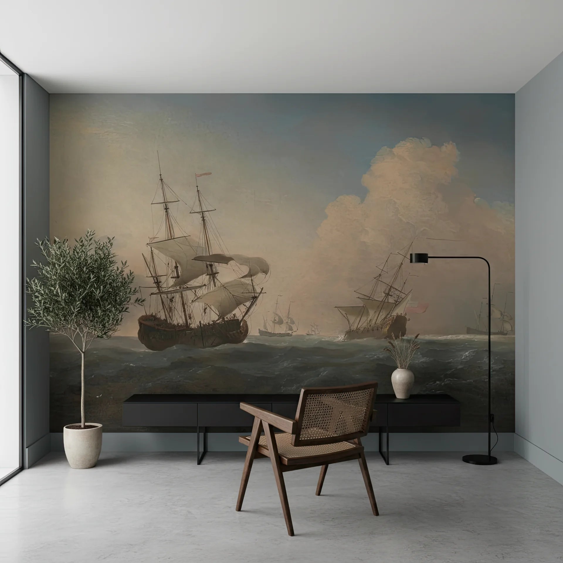 Historic maritime scene wallpaper showing sailing ships on misty seas in muted blue and beige tones