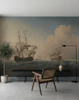 Historic maritime scene wallpaper showing sailing ships on misty seas in muted blue and beige tones
