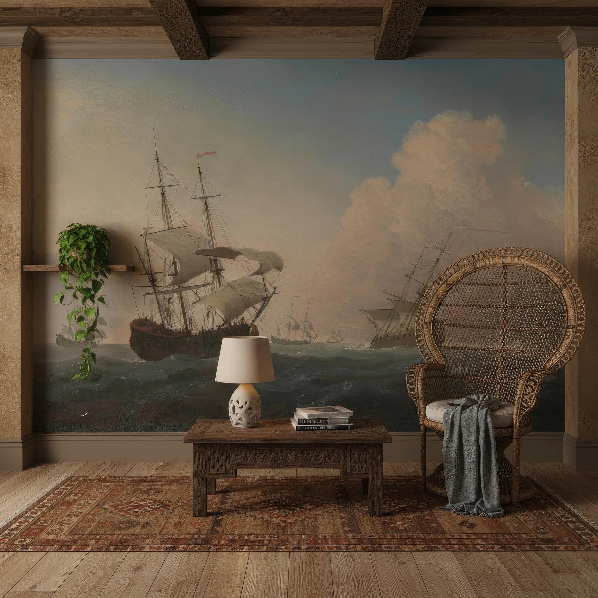 Tall Ships at Sea mural wallpaper depicting historic sailing vessels in soft blue and cream tones on living room wall