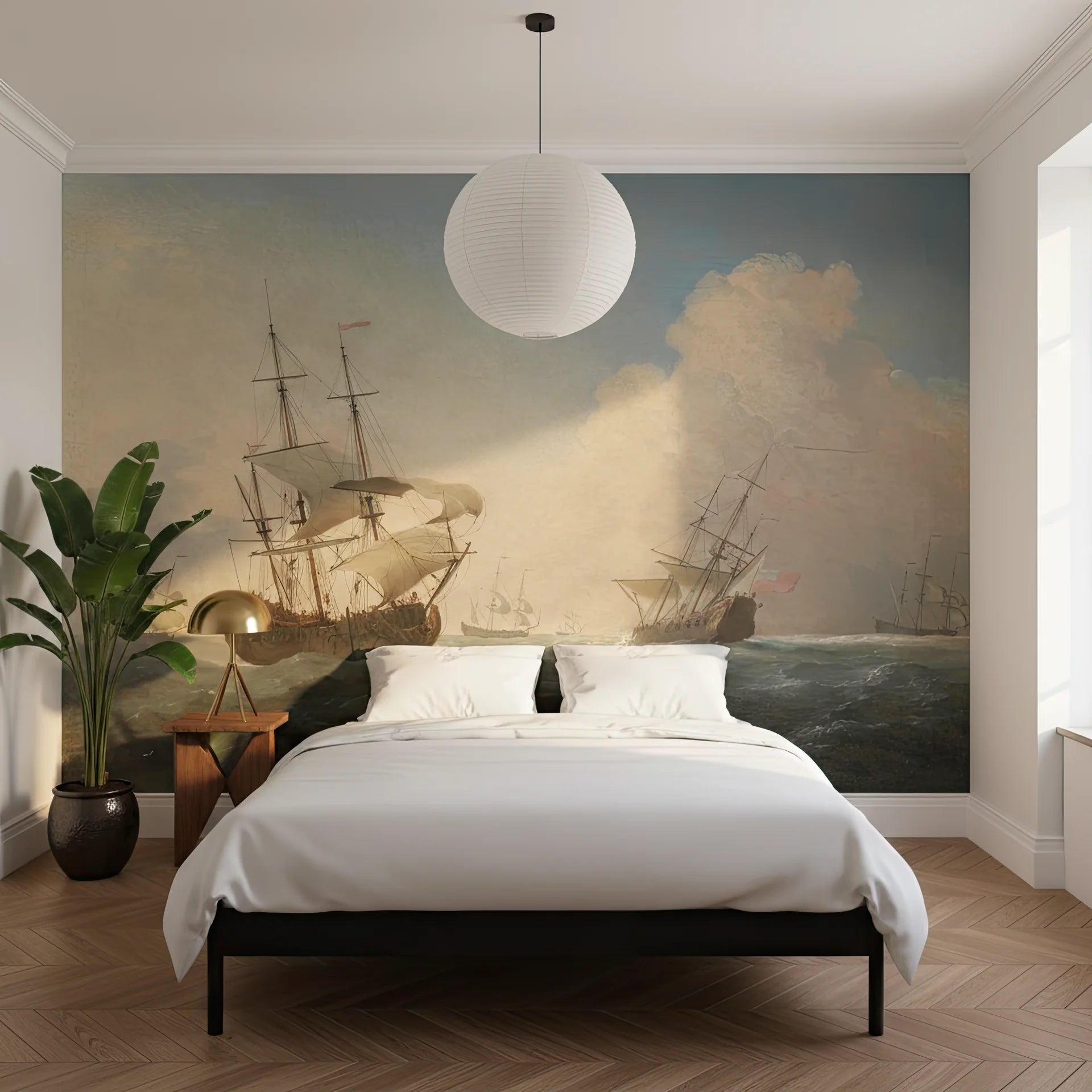 Maritime scene wallpaper featuring tall ships in sepia tones on bedroom accent wall