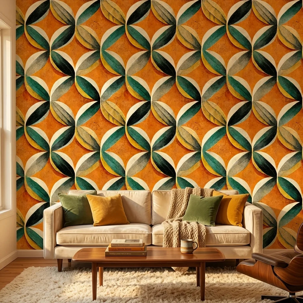 Tangerine Orbit vibrant orange geometric leaf wallpaper creating ambiance in a serene bathroom