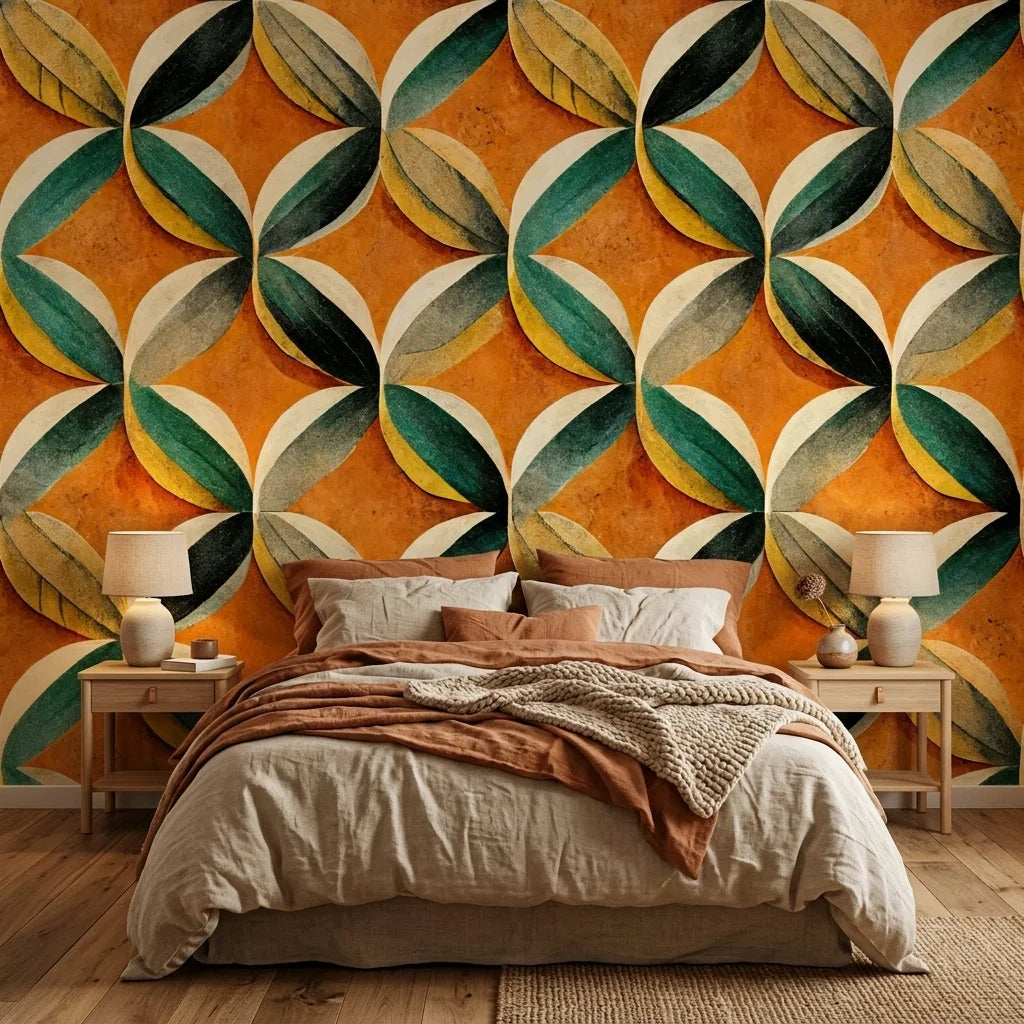 Tangerine Orbit vibrant orange geometric leaf wallpaper in a warm and inviting living room