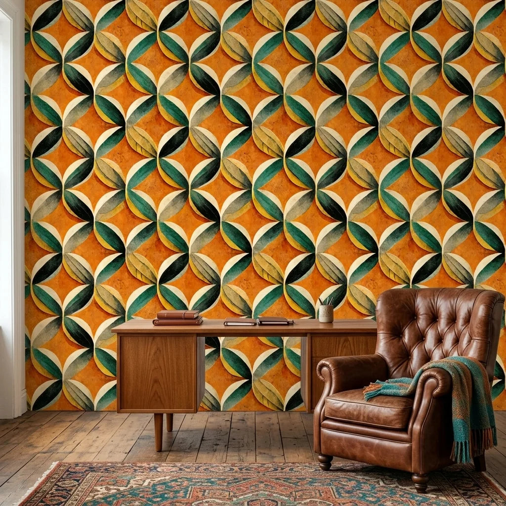Tangerine Orbit vibrant orange geometric leaf wallpaper adding character to a cozy bedroom