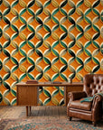 Tangerine Orbit vibrant orange geometric leaf wallpaper adding character to a cozy bedroom