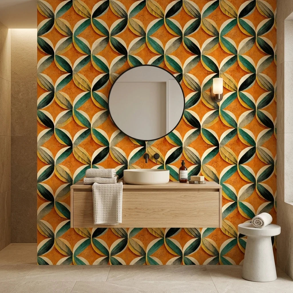 Tangerine Orbit vibrant orange geometric leaf wallpaper as a feature wall in a bright home office
