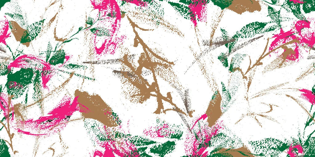 Grunge-style floral motif in pink and green on an abstract white wall covering, labeled Tangled Bloom