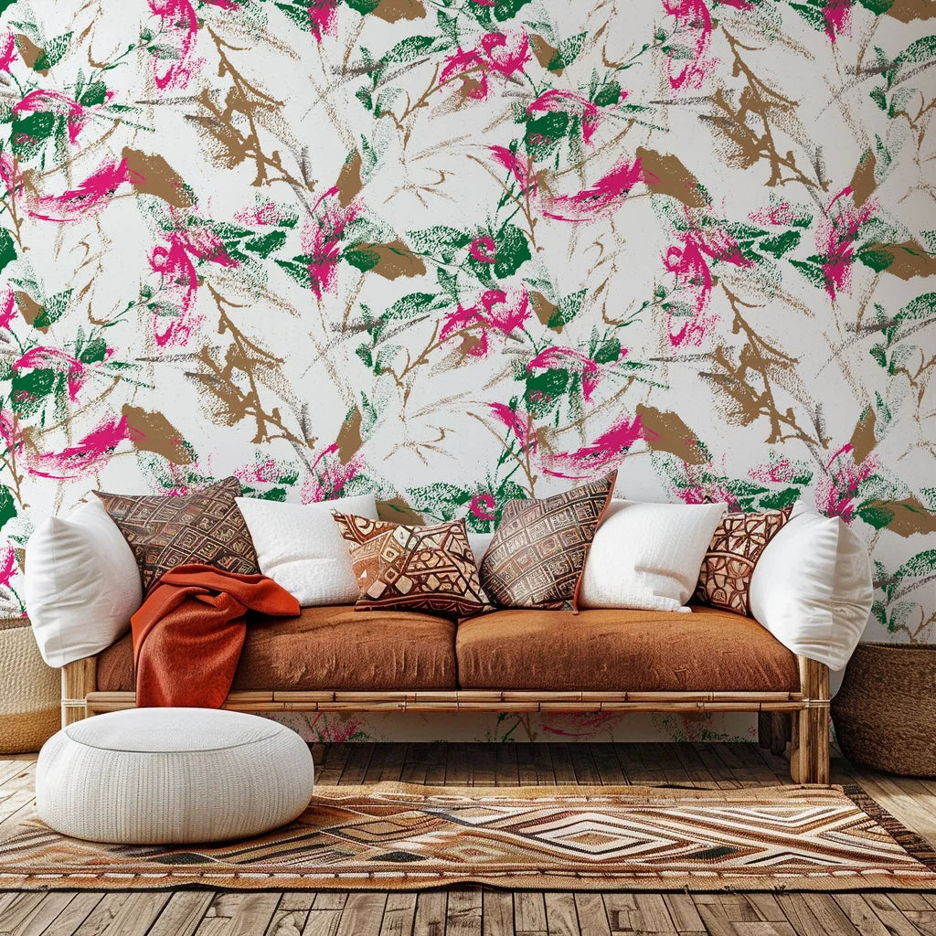 A grungy floral design in pink and green colors on an abstract white wallpaper background.