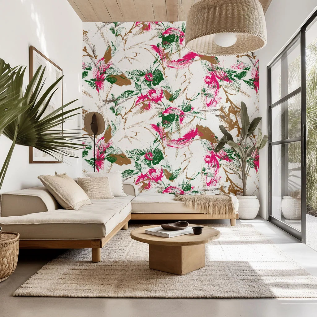 Abstract white wall covering with a distressed floral pattern in pink and green colors (Tangled Bloom)