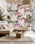 Abstract white wall covering with a distressed floral pattern in pink and green colors (Tangled Bloom)