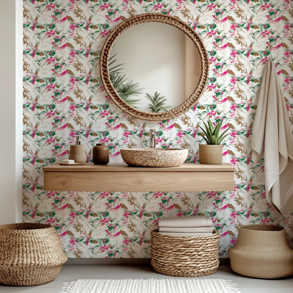 A white background with a distressed, floral design in shades of pink and green