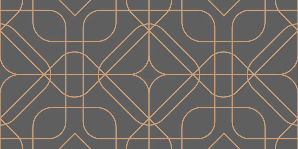Self-adhesive wallpaper featuring dark grey and copper linear geometric art, named Tangled Haloes