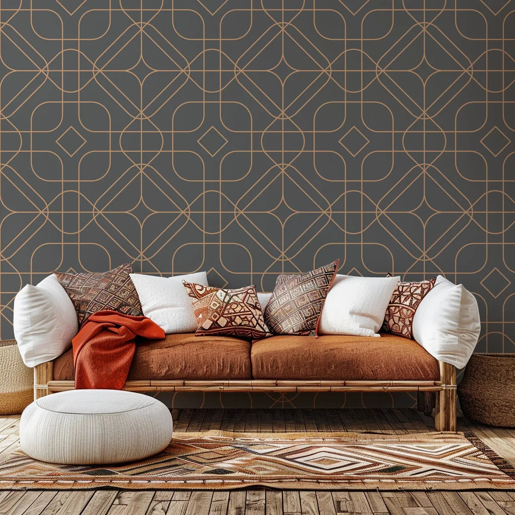 Dark grey and copper geometric line-work removable wallpaper - Tangled Haloes