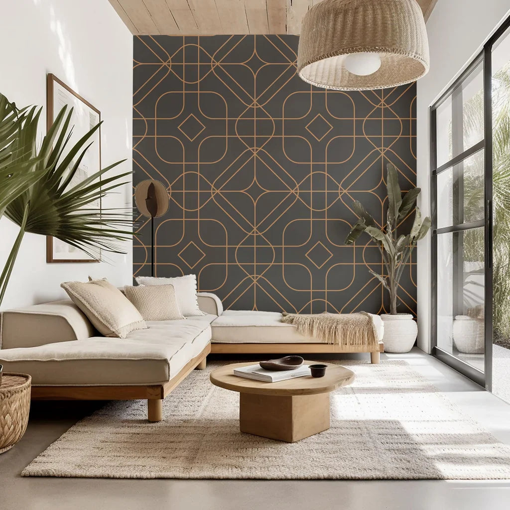 Copper and dark grey self-adhesive wallpaper featuring geometric line art patterning, called Tangled Haloes