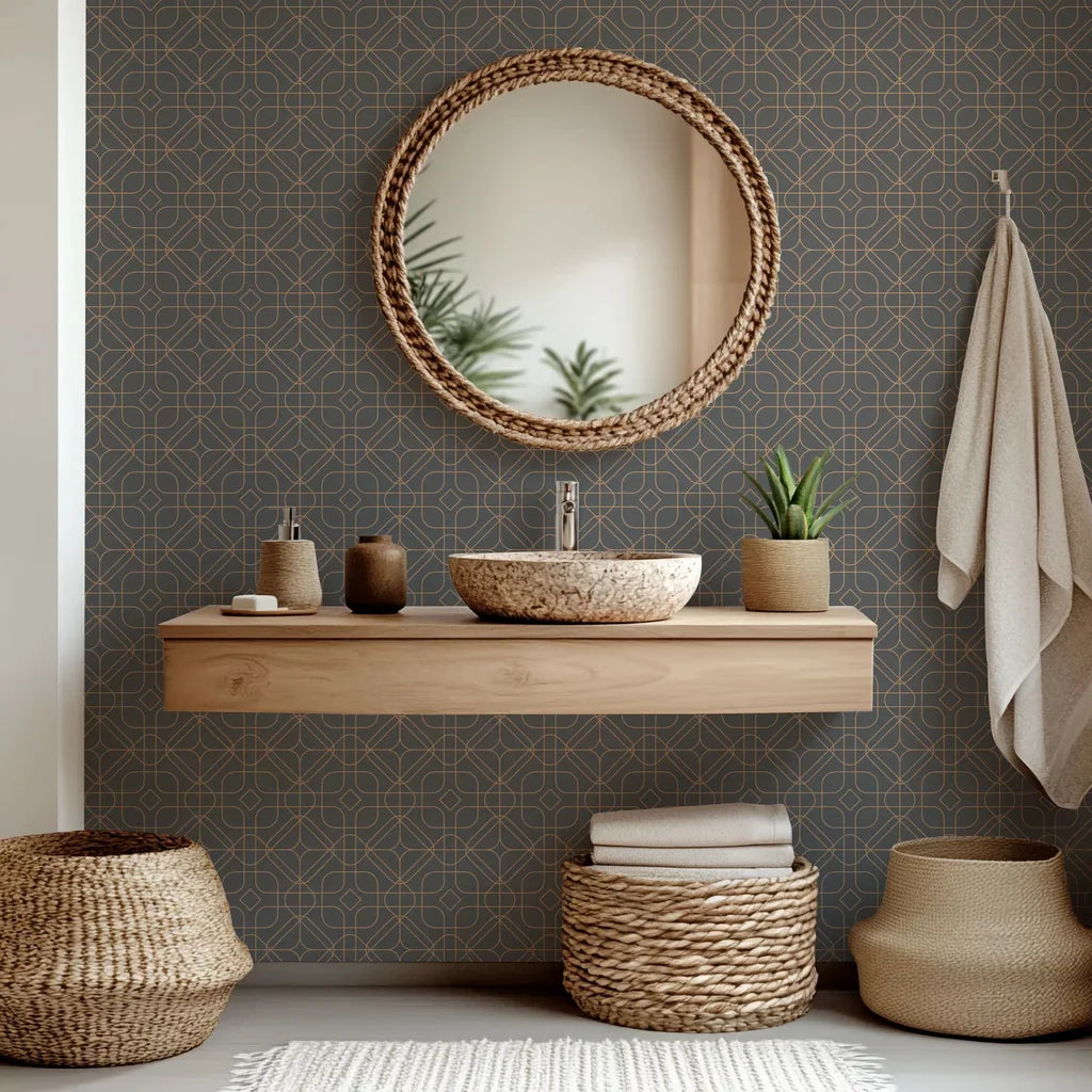 Self-adhesive wallpaper featuring dark grey and copper geometric line art pattern, named Tangled Haloes