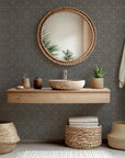 Self-adhesive wallpaper featuring dark grey and copper geometric line art pattern, named Tangled Haloes