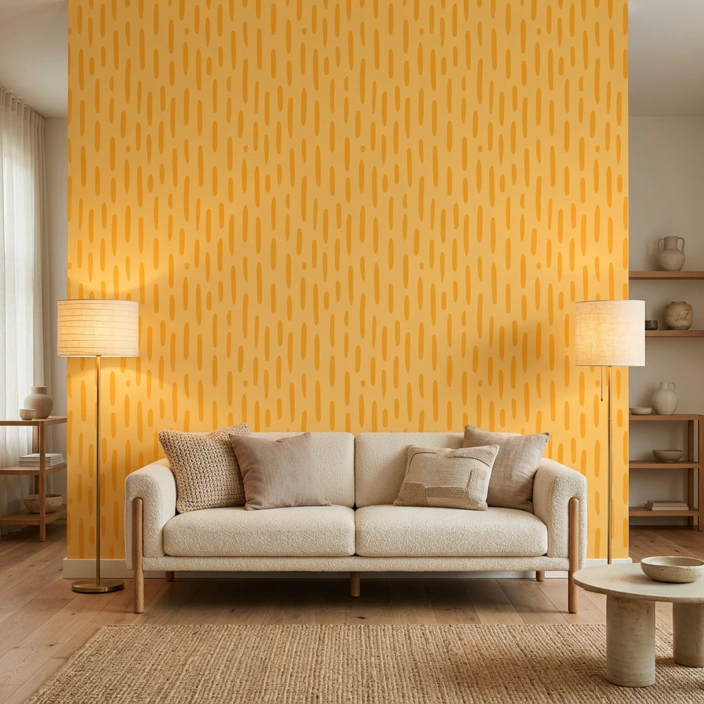 Tawny Rain golden brushstroke dash wallpaper in a warm and inviting living room