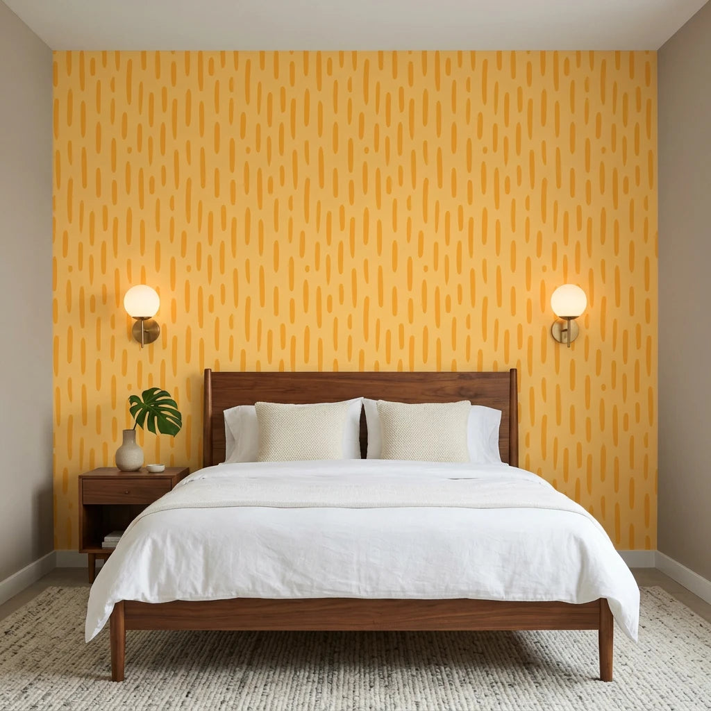 Tawny Rain golden brushstroke dash wallpaper adding character to a cozy bedroom