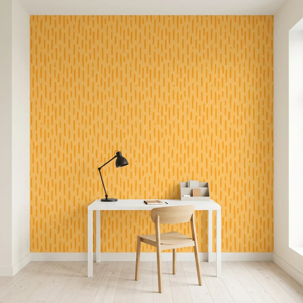 Tawny Rain golden brushstroke dash wallpaper as a feature wall in a bright home office