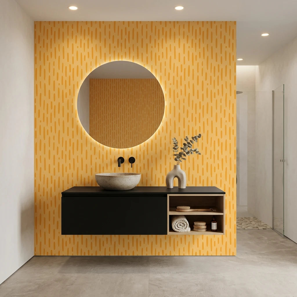 Tawny Rain golden brushstroke dash wallpaper creating ambiance in a serene bathroom