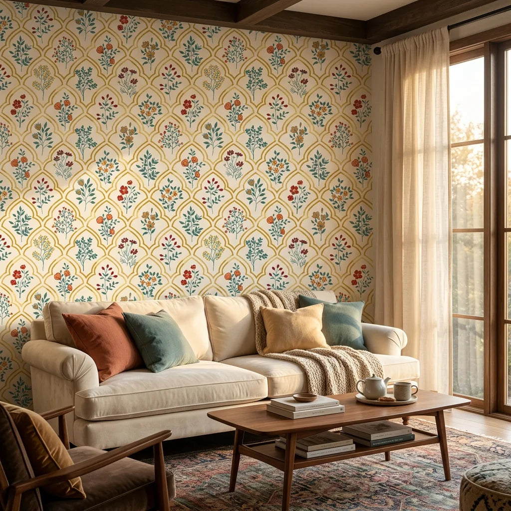 Smooth golden Moorish arch floral botanical peel and stick wallpaper - Teal Alcazar