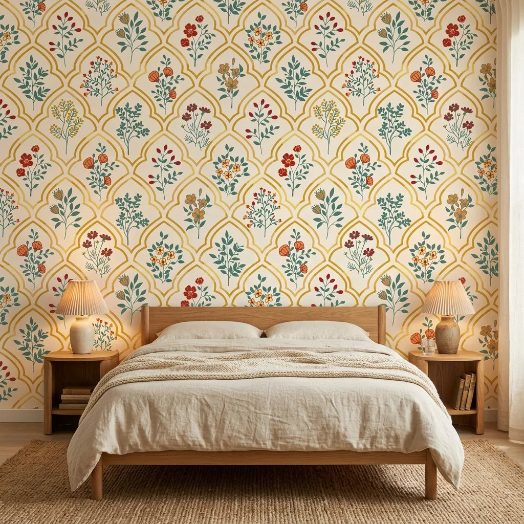 Smooth golden Moorish arch floral botanical peel and stick wallpaper - Teal Alcazar in a warm living room