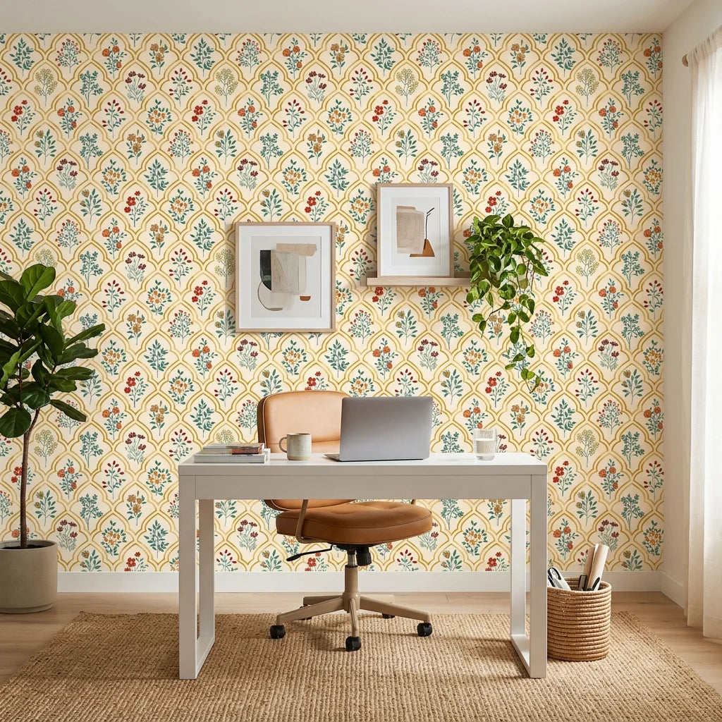 Smooth golden Moorish arch floral botanical peel and stick wallpaper - Teal Alcazar adding character to a bedroom
