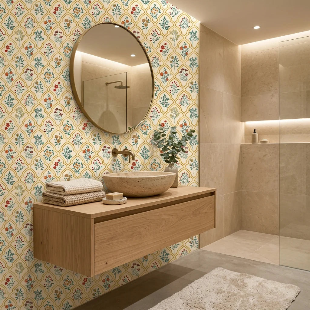 Smooth golden Moorish arch floral botanical peel and stick wallpaper - Teal Alcazar as a feature wall in an office