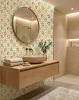 Smooth golden Moorish arch floral botanical peel and stick wallpaper - Teal Alcazar as a feature wall in an office