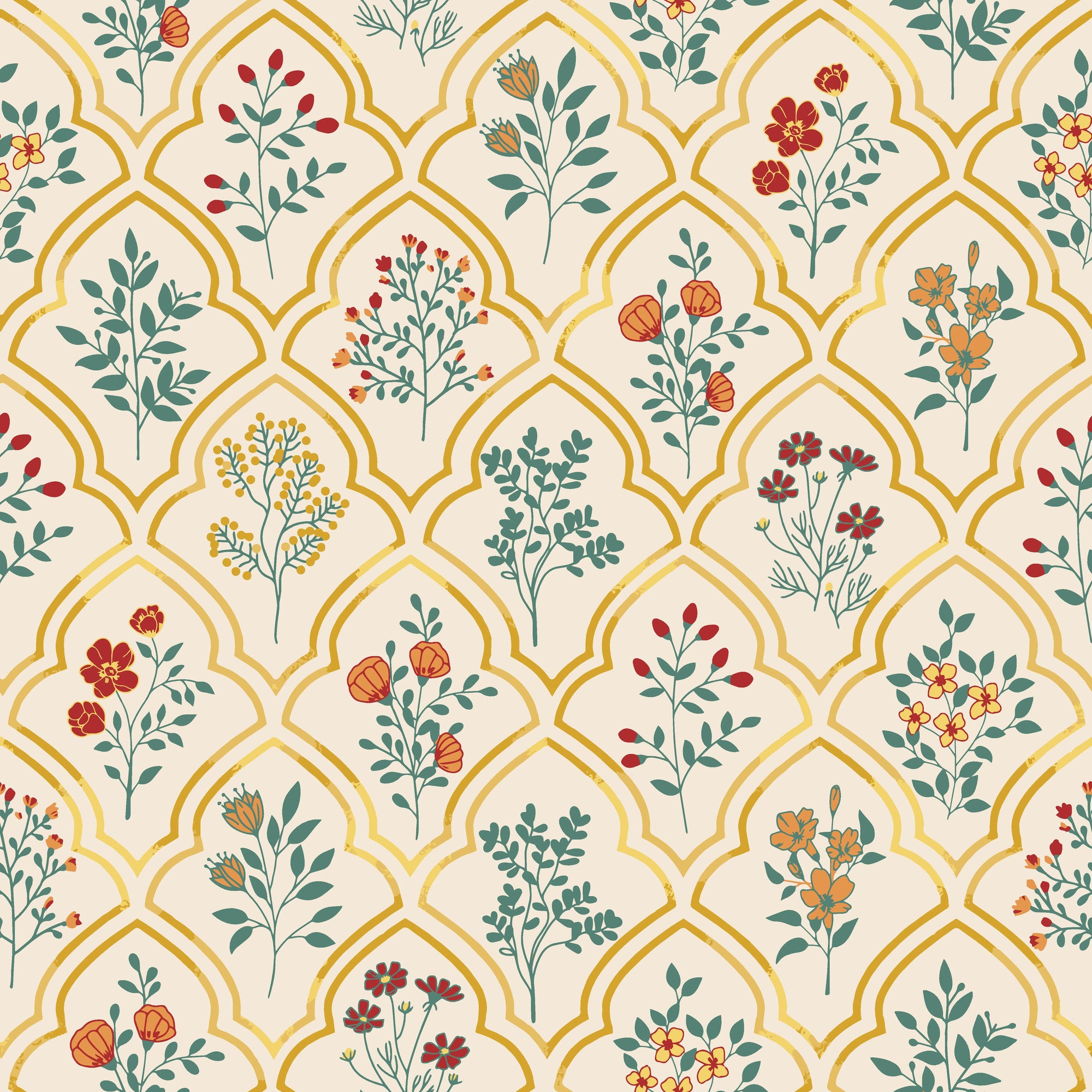 Smooth golden Moorish arch floral botanical peel and stick wallpaper - Teal Alcazar creating ambiance in a bathroom