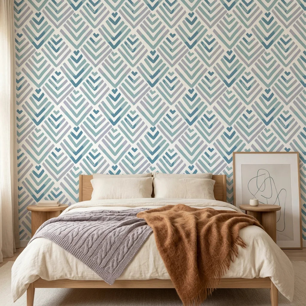 Smooth watercolor teal chevron fret geometric peel and stick wallpaper - Teal Fret