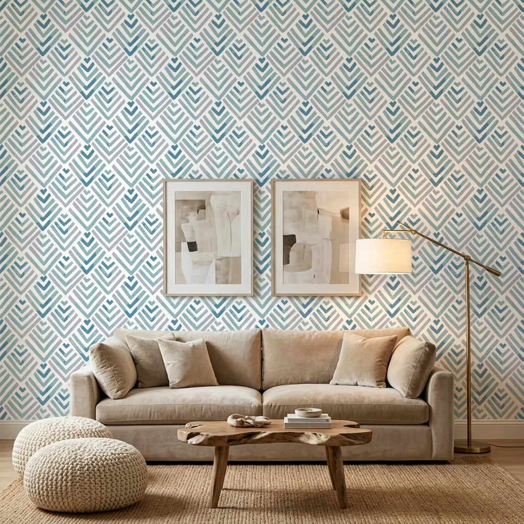 Smooth watercolor teal chevron fret geometric peel and stick wallpaper - Teal Fret in a warm living room